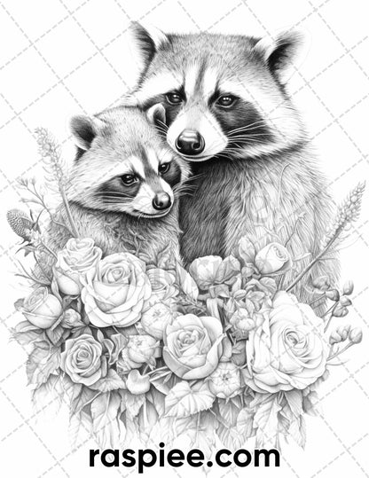 40 Floral Animal Couple Grayscale Coloring Pages for Adults, Printable PDF Instant Download