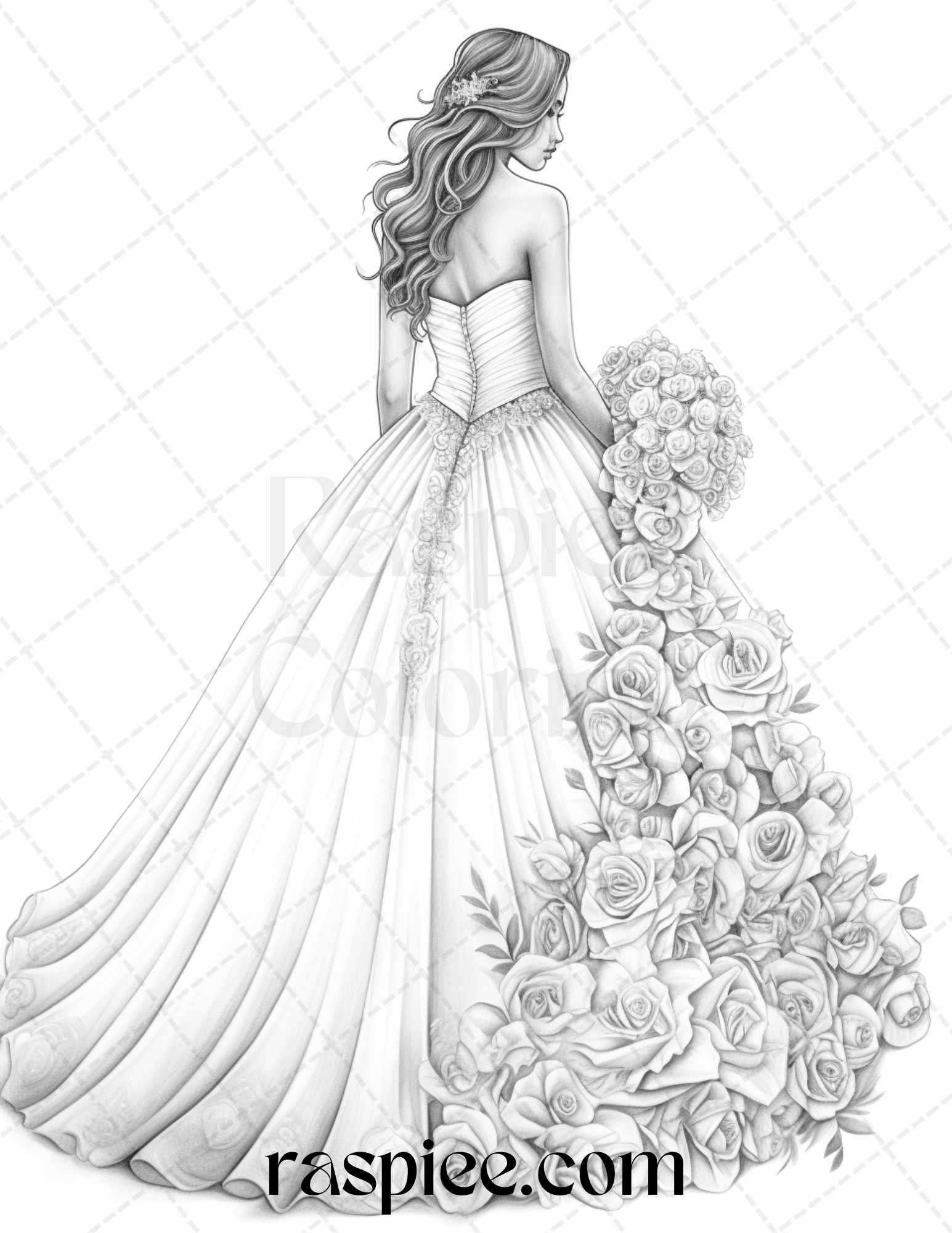 40 Elegant Floral Wedding Dresses Grayscale Coloring Pages Printable for Adults, PDF File Instant Download