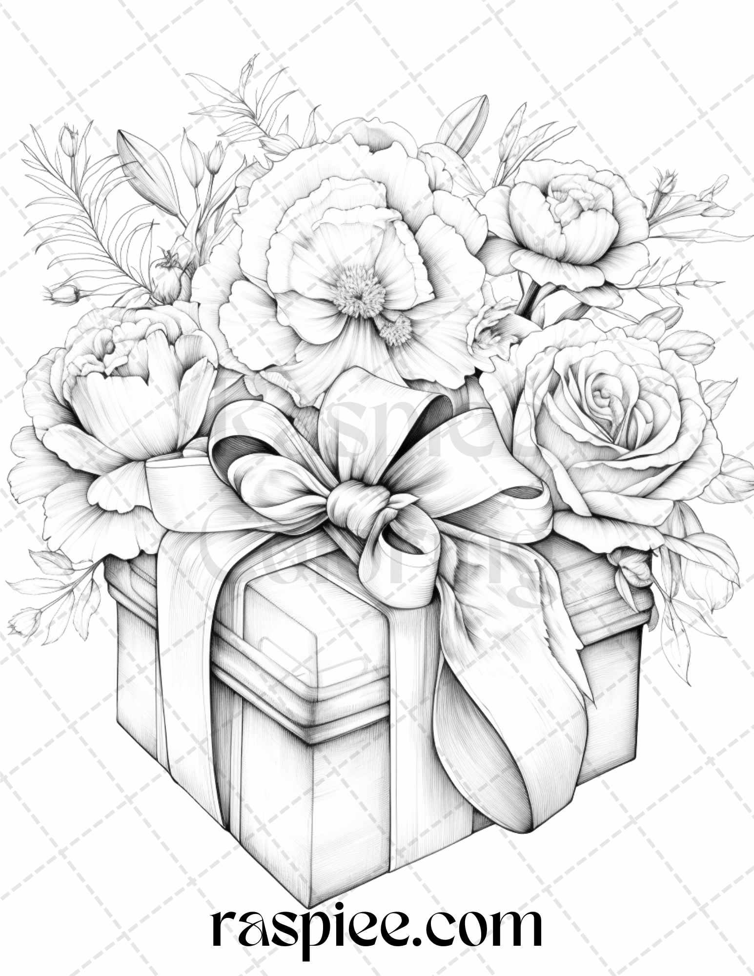 40 Flower Gift Box Grayscale Coloring Pages Printable for Adults Kids, PDF File Instant Download