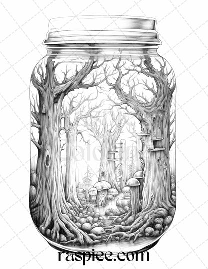 40 Halloween in Jar Grayscale Coloring Pages for Adults, Printable PDF File Instant Download