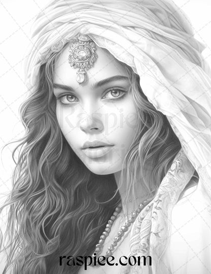 40 Beautiful Gypsy Girls Grayscale Coloring Pages Printable for Adults, PDF File Instant Download