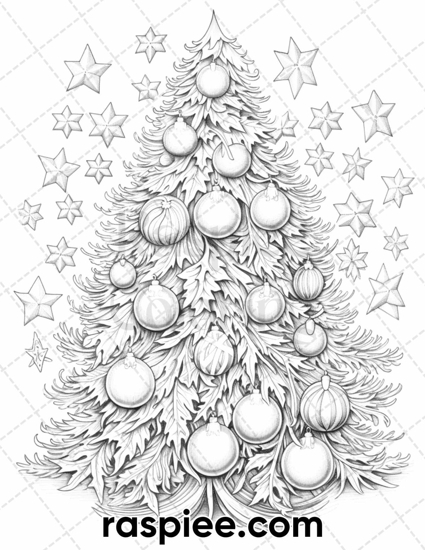 40 Christmas Tree Grayscale Coloring Pages for Adults, Printable PDF Instant Download