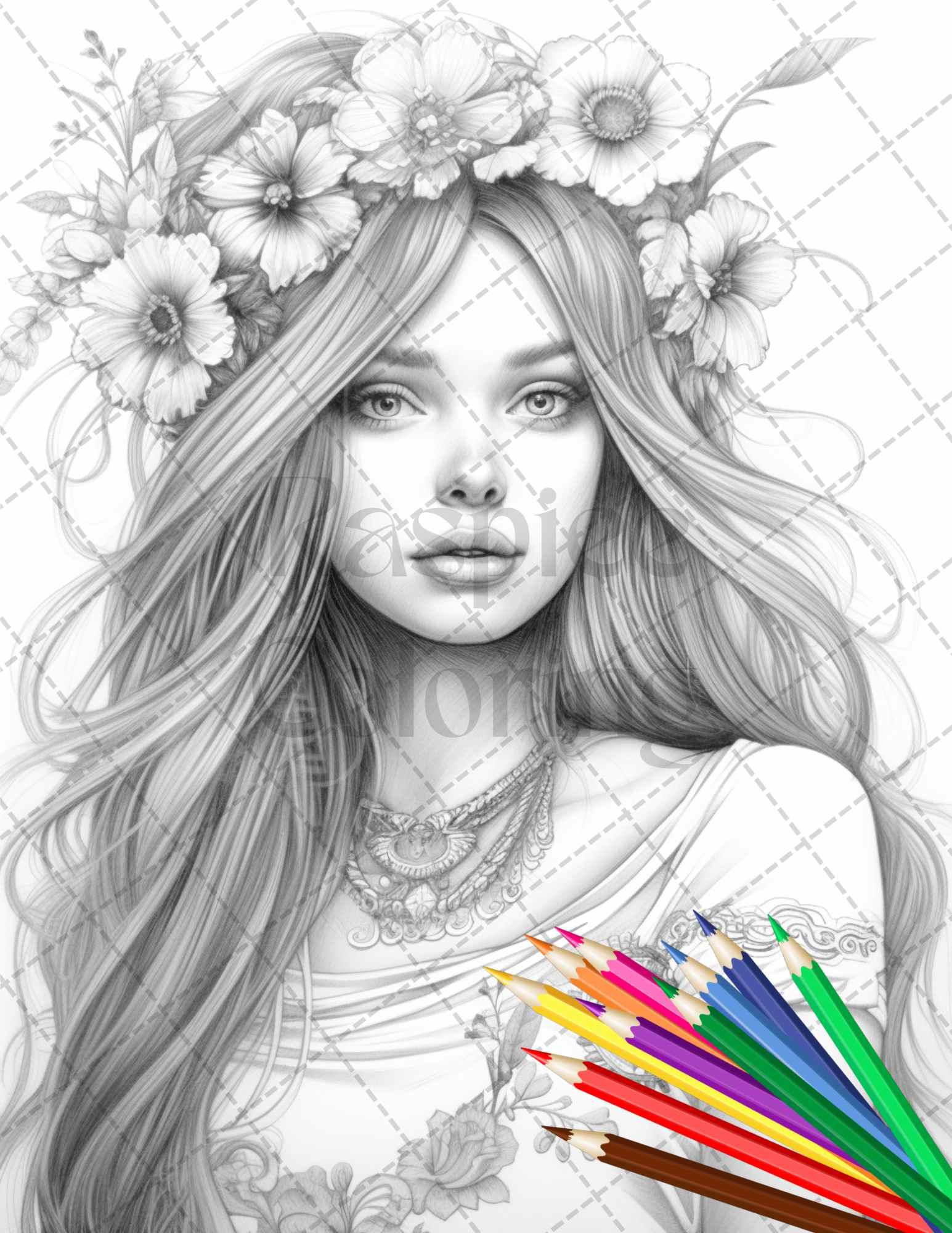 43 Beautiful Hippie Girls Grayscale Coloring Pages Printable for Adults, PDF File Instant Download