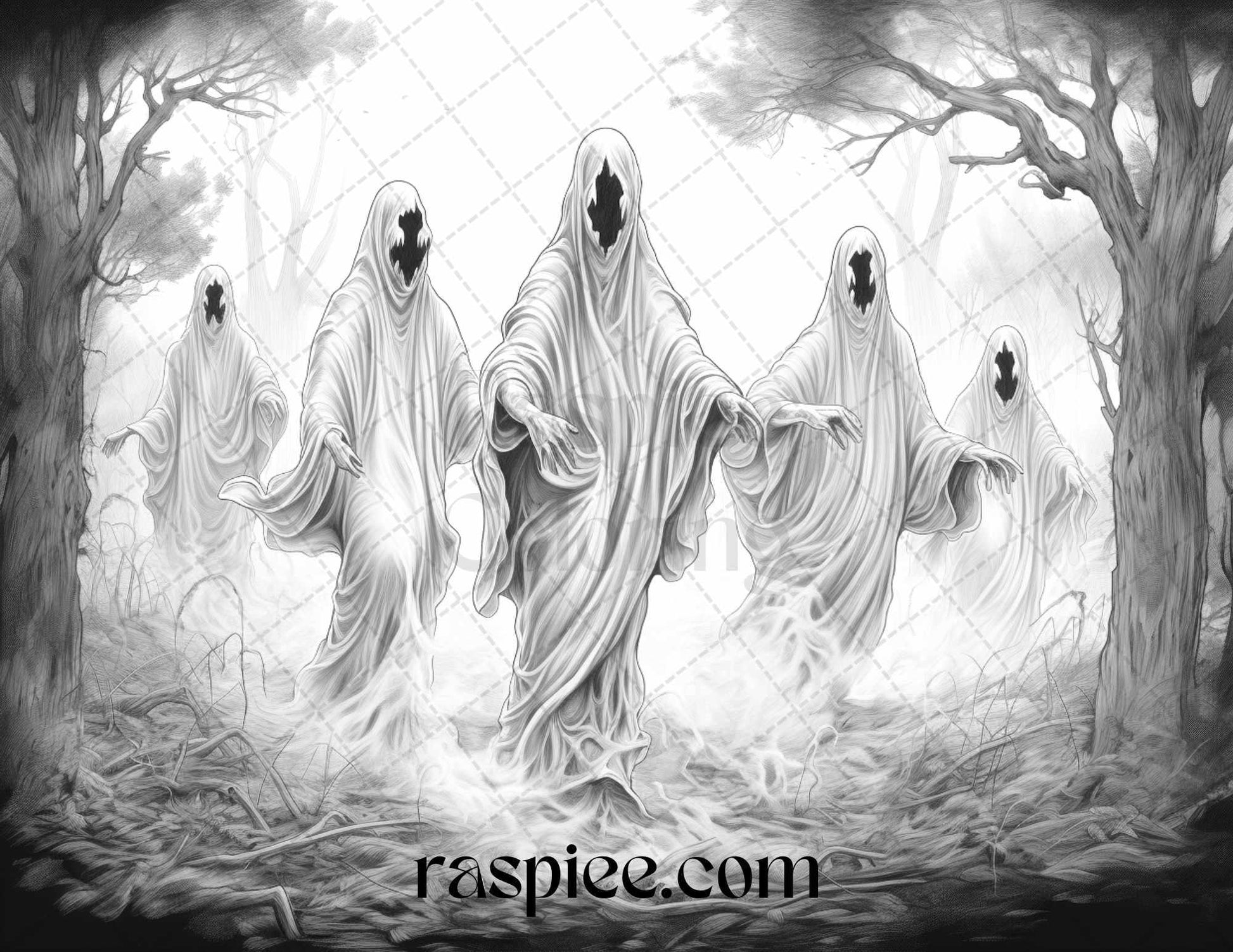 40 Halloween Landscapes Grayscale Coloring Pages Printable for Adults, PDF File Instant Download