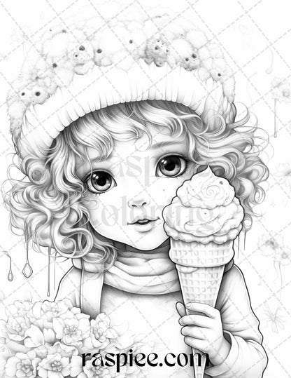 42 Adorable Girls with Ice Cream Grayscale Coloring Pages Printable for Adults Kids, PDF File Instant Download