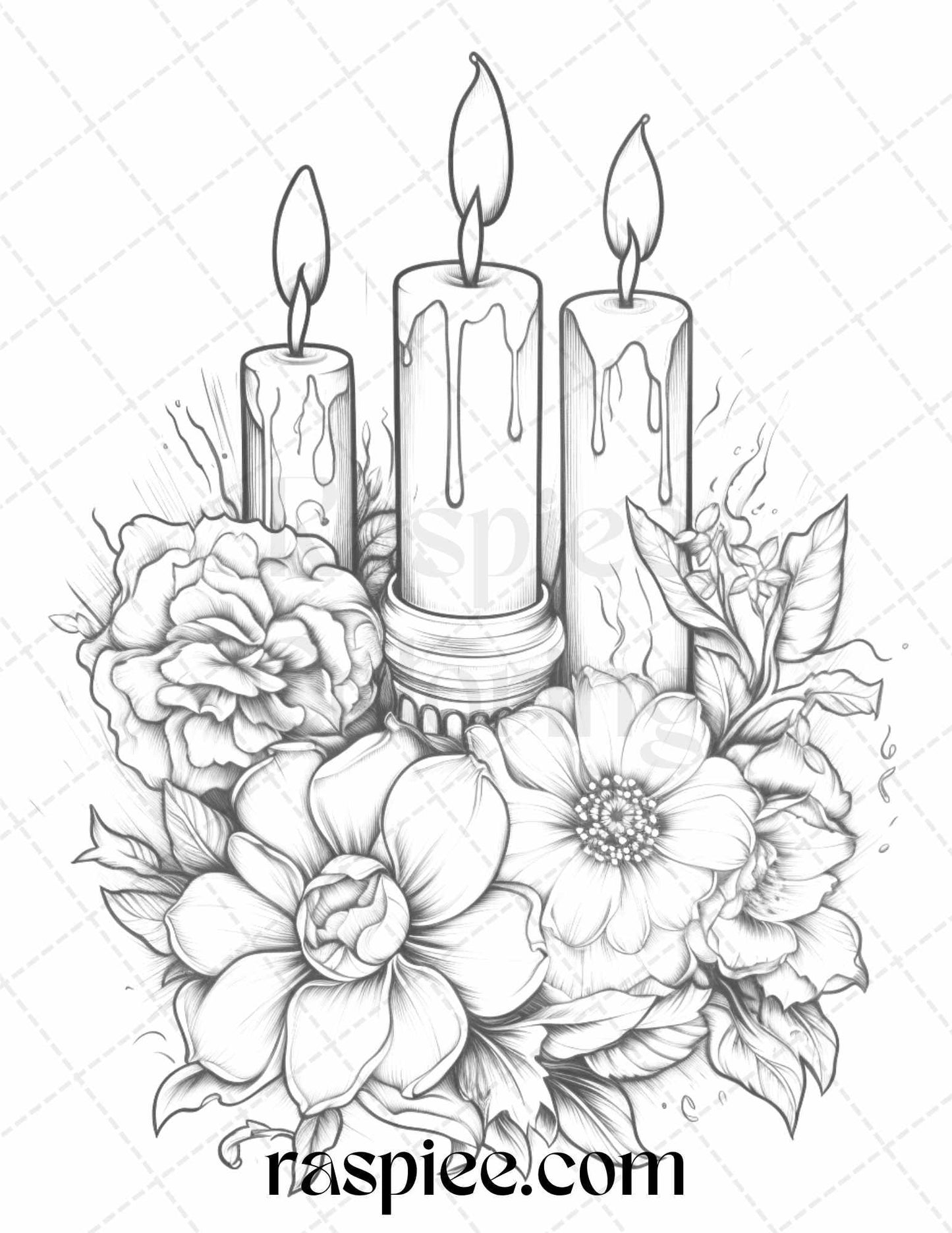 40 Flower Candles Grayscale Coloring Pages Printable for Adults, PDF File Instant Download