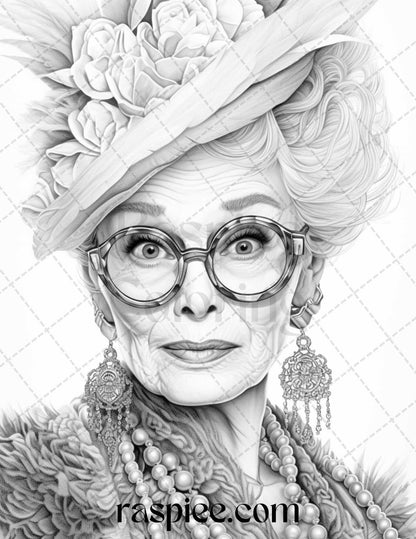 40 Fashionista Grandma Grayscale Coloring Pages Printable for Adults, PDF File Instant Download