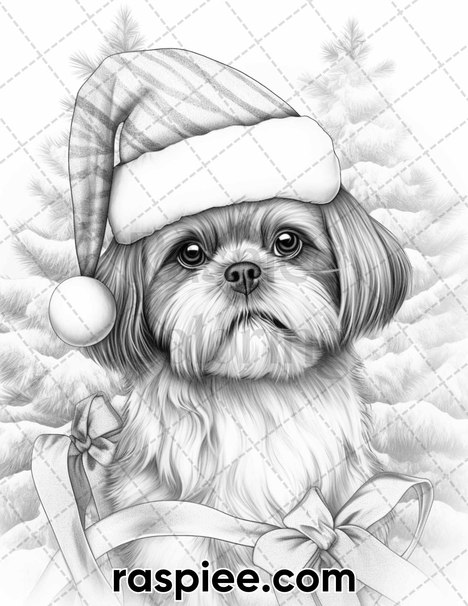 45 Christmas Dogs Grayscale Coloring Pages for Adults, Printable PDF Instant Download