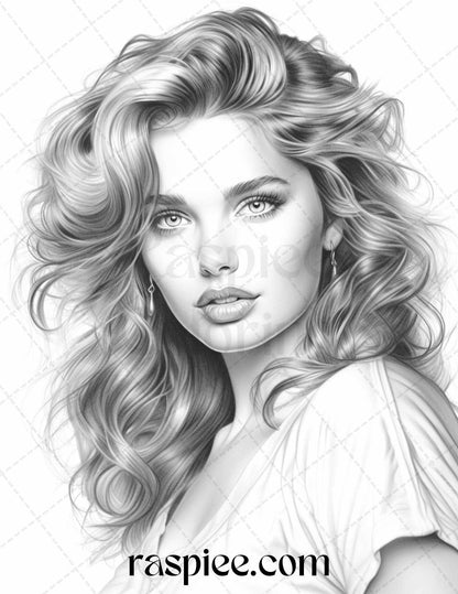 1980s Retro Beautiful Women Grayscale Coloring Pages for Adults, PDF File Instant Download