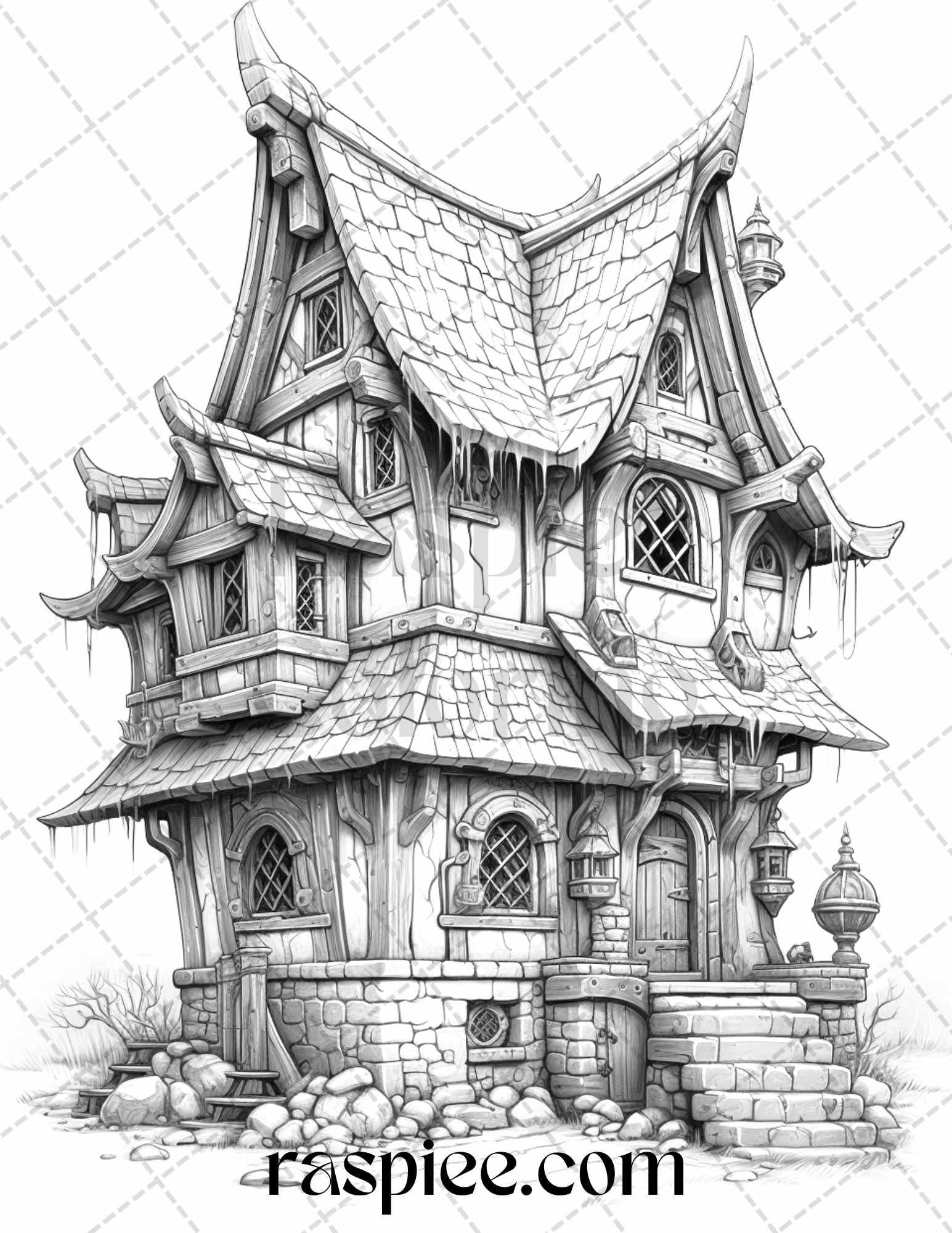 40 Viking Houses Grayscale Coloring Pages Printable for Adults, PDF File Instant Download