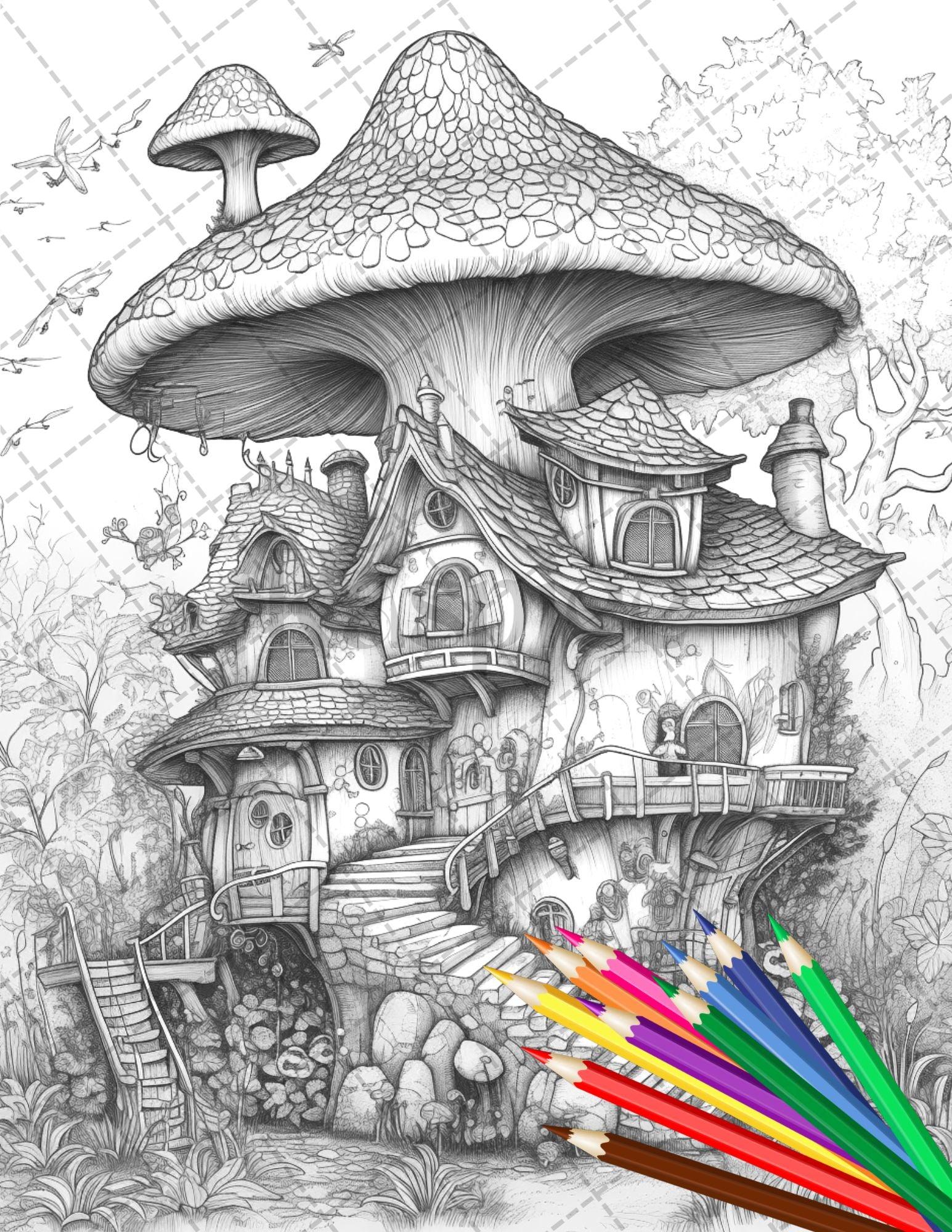 30 Fantasy Fairy Houses Coloring Page Book, Printable Adult Coloring Pages, Enchanted Fairy Home Grayscale Coloring Book, Printable PDF File