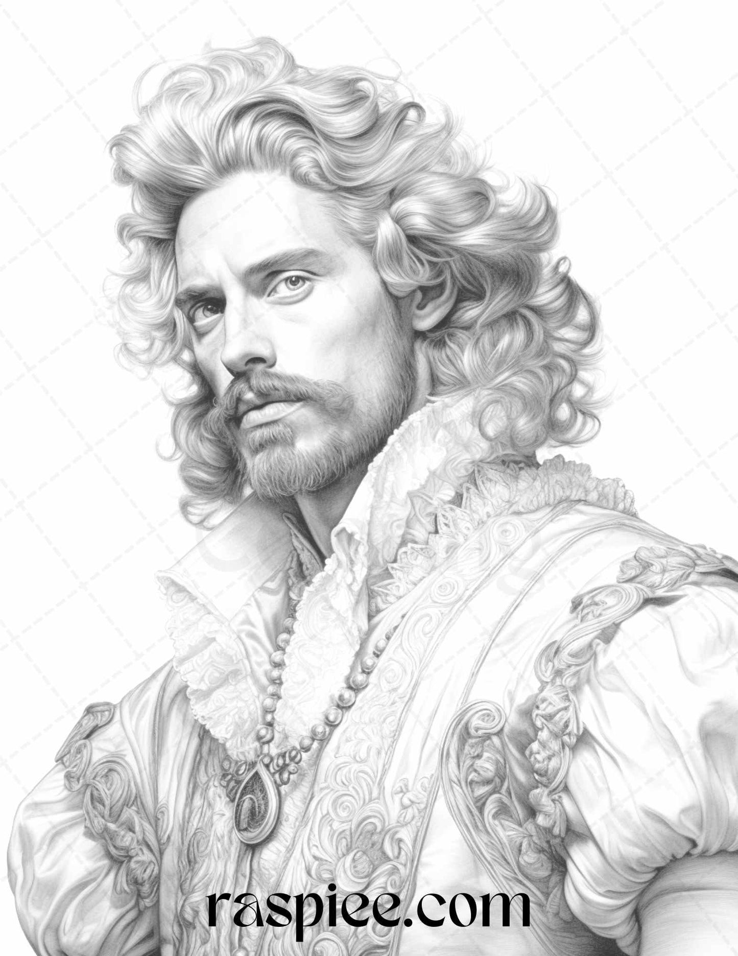 50 Baroque Man Portrait Grayscale Graysale Coloring Pages Printable for Adults, PDF File Instant Download