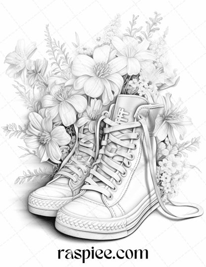 40 Flower Sneakers Grayscale Coloring Pages Printable for Adults, PDF File Instant Download