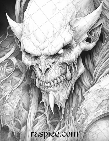 43 Fantasy Demons Grayscale Coloring Pages for Adults, Printable PDF File Instant Download