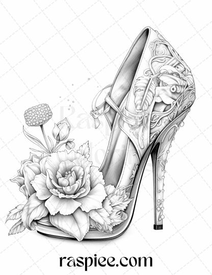 40 Flower Wedding Shoes Grayscale Coloring Pages Printable for Adults, PDF File Instant Download