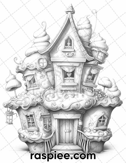 40 Whimsical Cupcake Houses Grayscale Coloring Pages for Adults, Printable PDF Instant Download