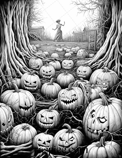 Ghoulish Halloween Grayscale Coloring Pages Printable for Adults, PDF File Instant Download