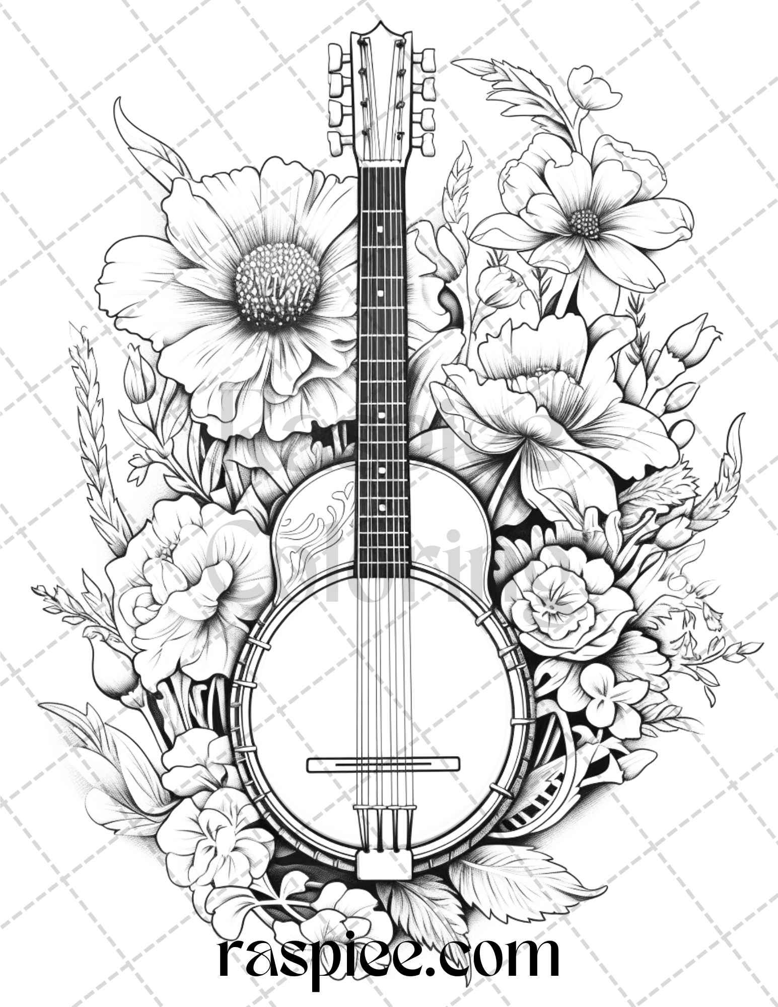 30 Musical Instrument Flower Grayscale Coloring Pages Printable for Adults, PDF File Instant Download