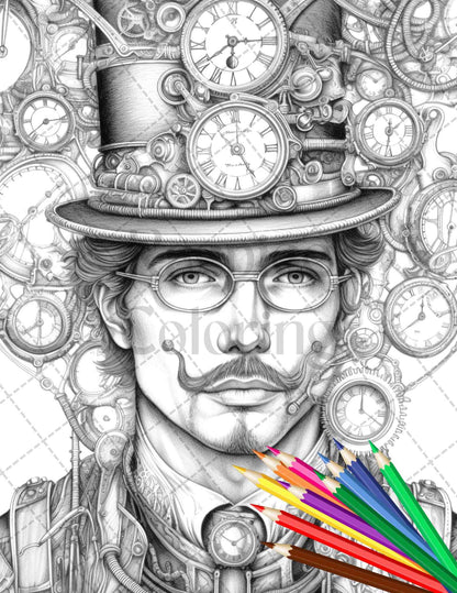 42 Steampunk Mens Grayscale Coloring Pages Printable for Adults, PDF File Instant Download