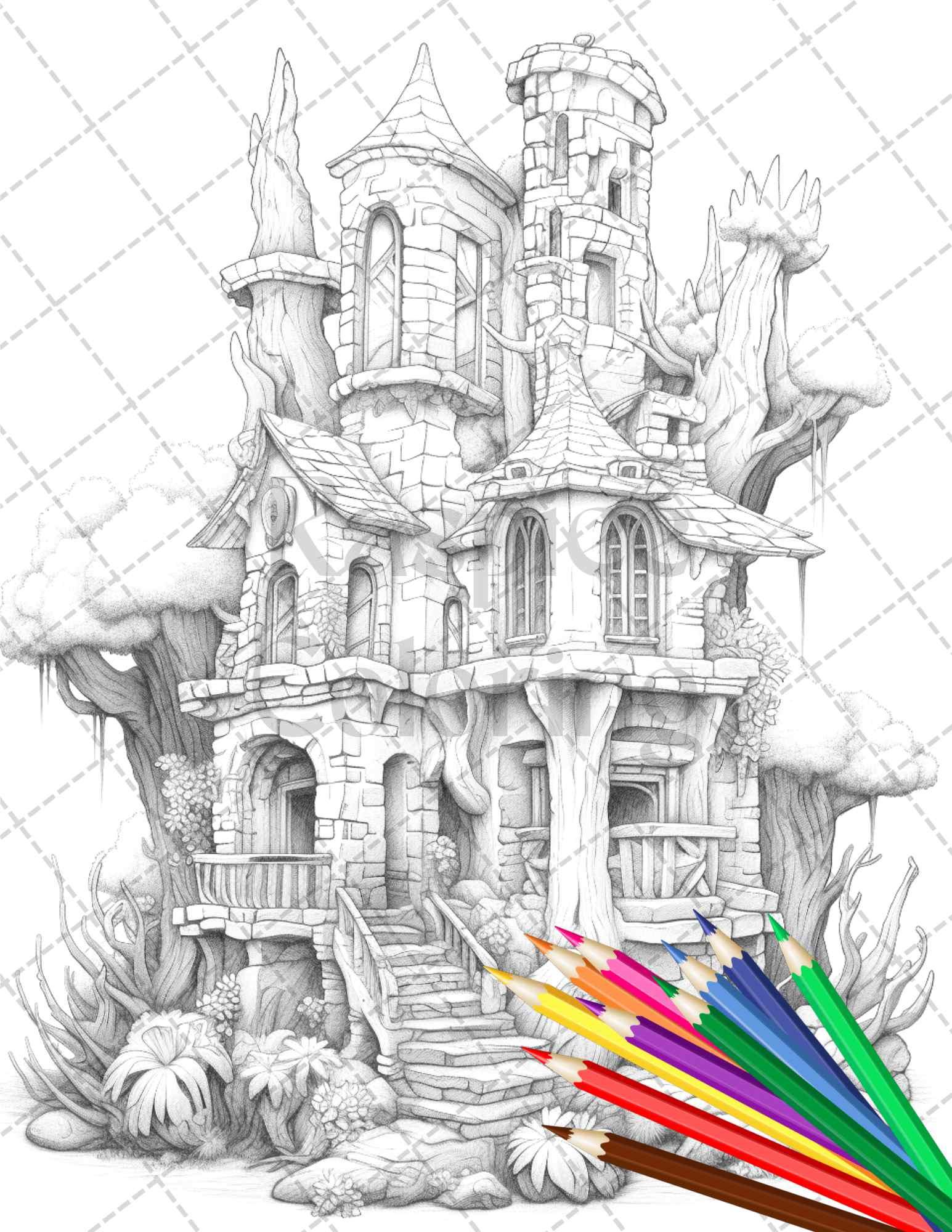 46 Fantasy Cactus Houses Grayscale Coloring Pages Printable for Adults, PDF File Instant Download