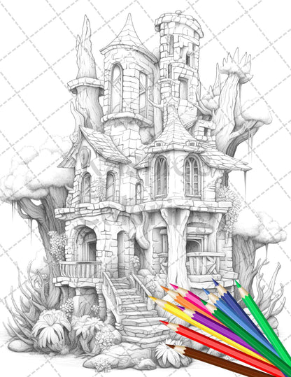 46 Fantasy Cactus Houses Grayscale Coloring Pages Printable for Adults, PDF File Instant Download