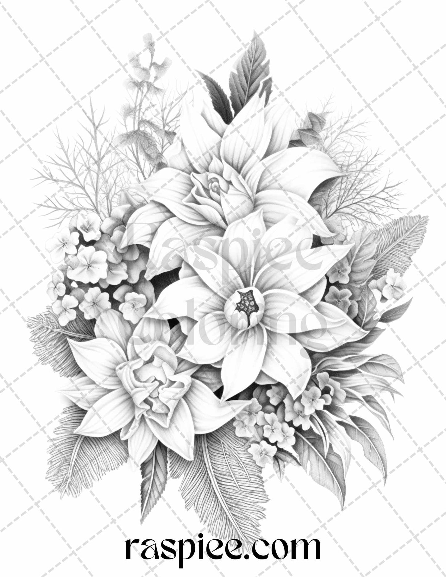 45 Christmas Flowers Grayscale Coloring Pages Printable for Adults, PDF File Instant Download