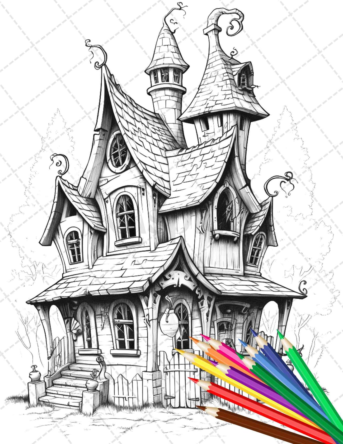 32 Spooky Houses Coloring Pages Printable for Adults, Grayscale Coloring Page, PDF File Instant Download