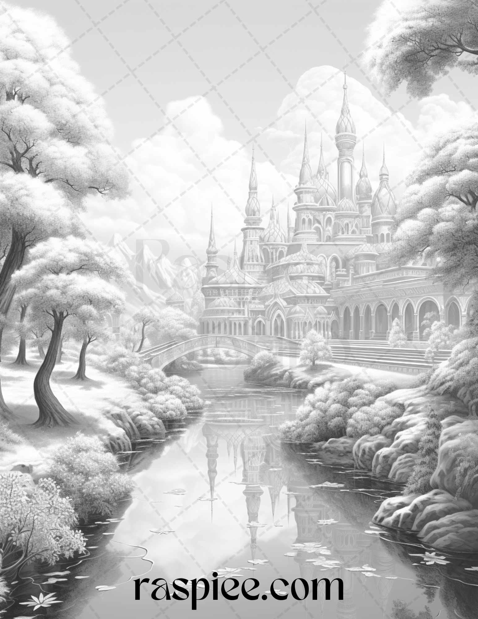 40 Fantasy Landscapes Grayscale Coloring Pages Printable for Adults, PDF File Instant Download