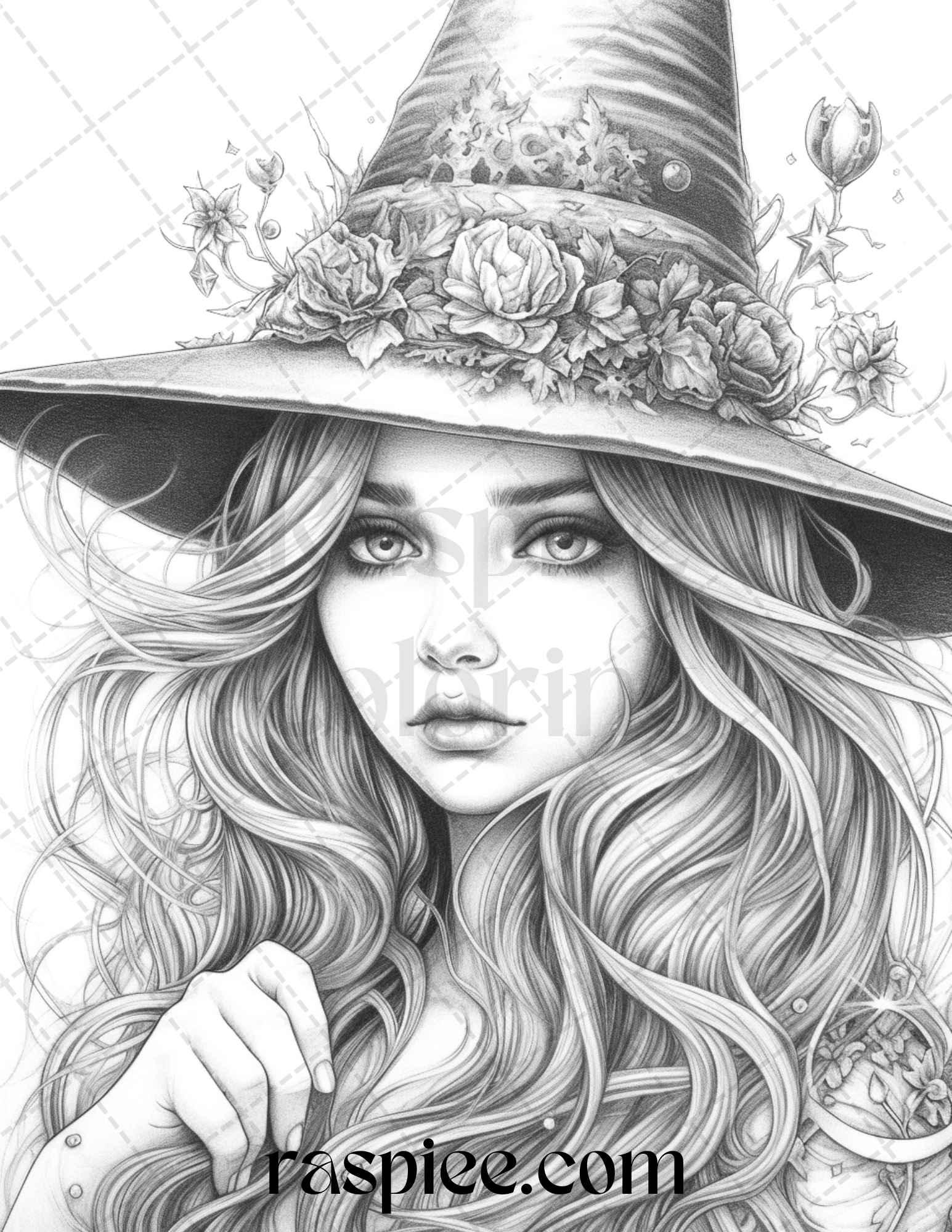 40 Beautiful Witches Grayscale Coloring Pages Printable for Adults, PDF File Instant Download