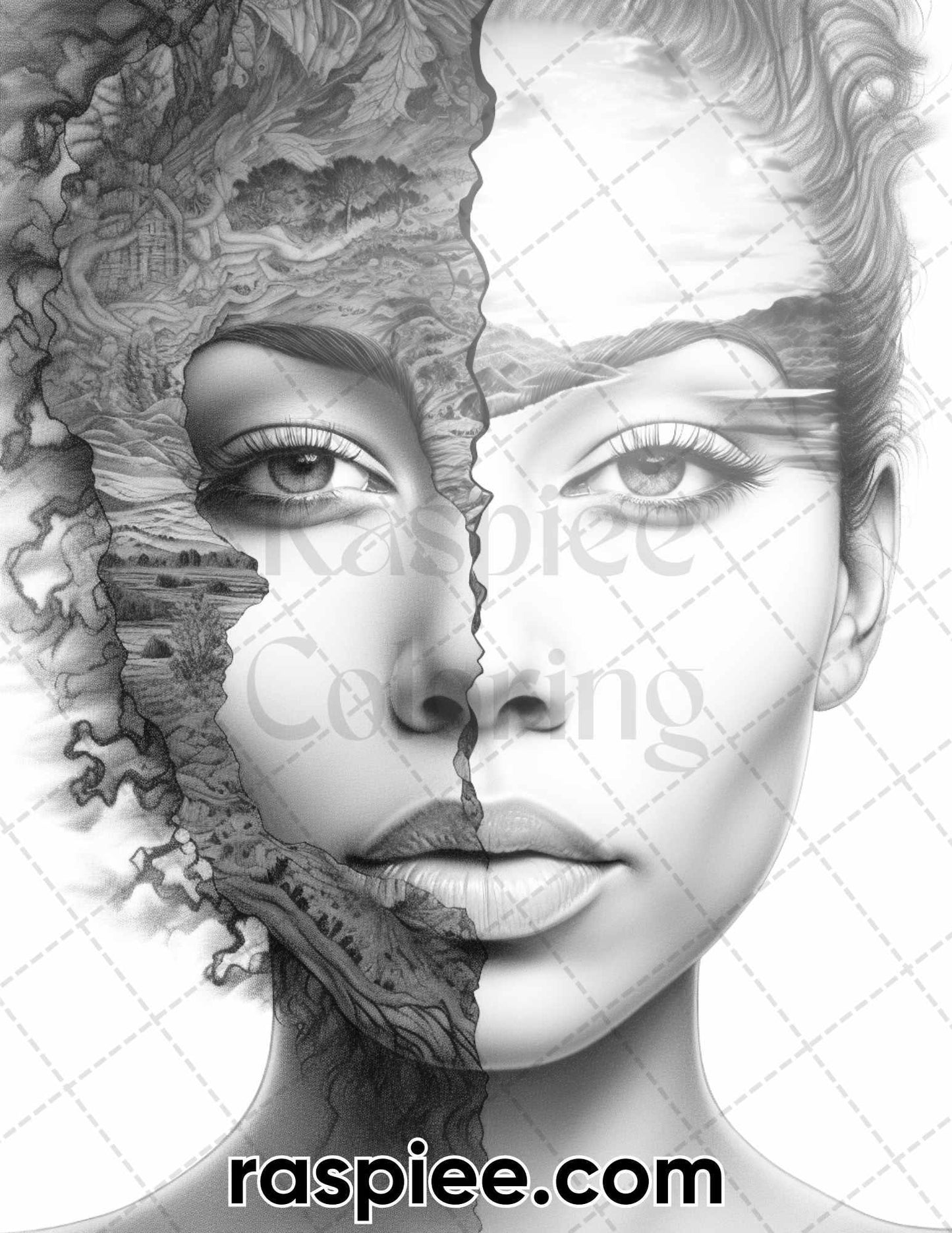 60 Nature Fusion Portrait Grayscale Adult Coloring Pages, Printable PDF Instant Download