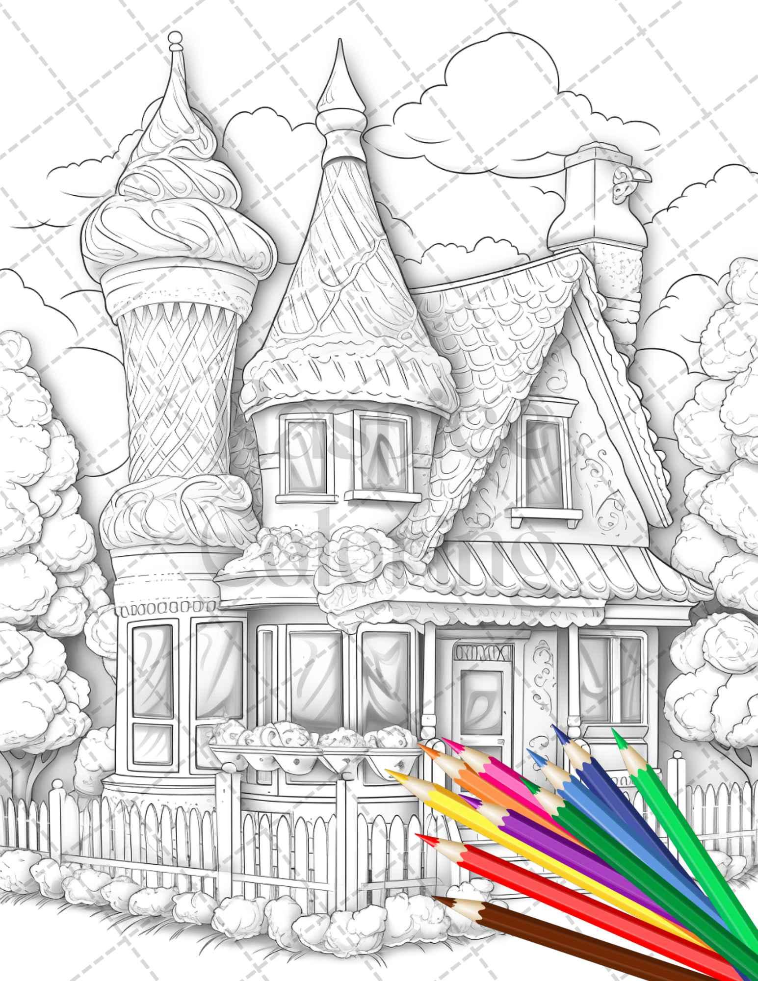 33 Ice Cream Houses Grayscale Coloring Pages Printable for Adults and Kids, PDF File Instant Download