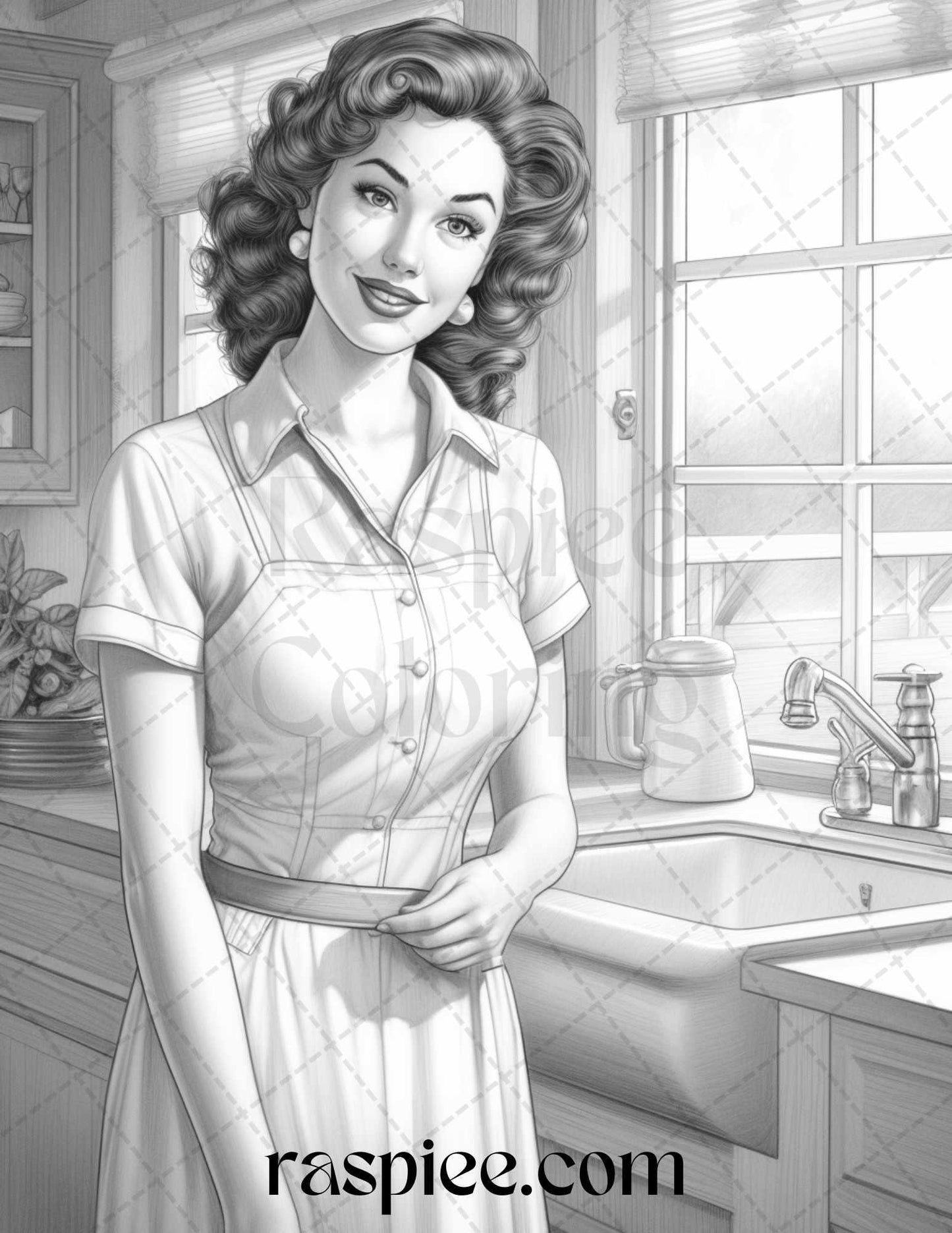 40 Retro Housewives Grayscale Coloring Pages for Adults, Printable PDF File Instant Download