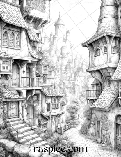 40 Fantasy Village Grayscale Coloring Pages Printable for Adults, PDF File Instant Download