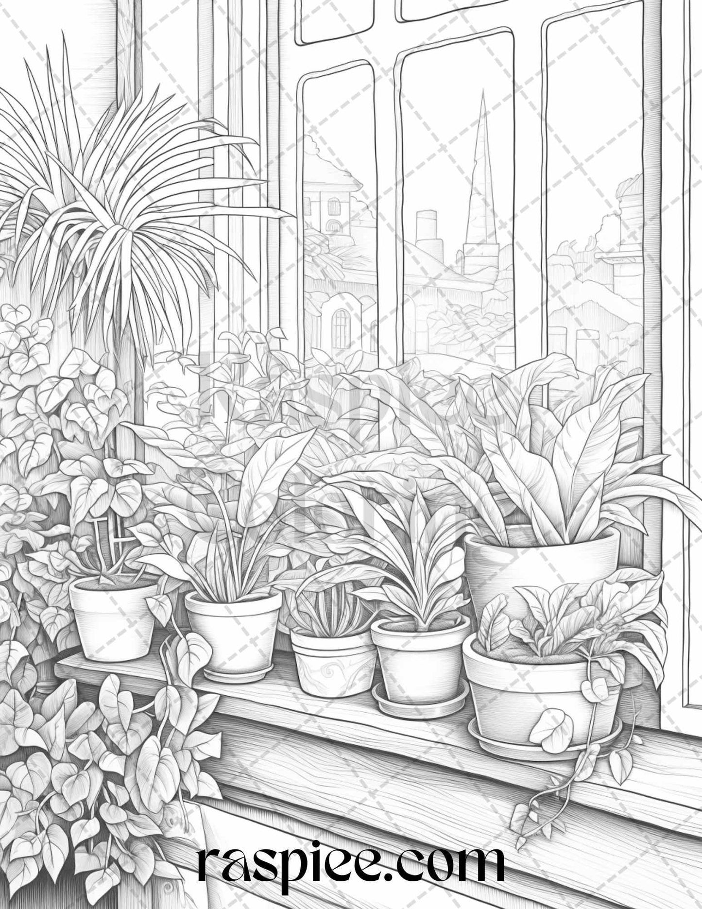 40 Window Plants Grayscale Coloring Pages Printable for Adults, PDF File Instant Download