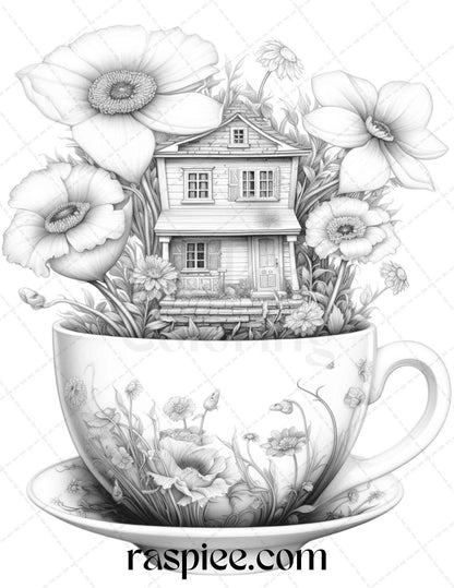 40 Flower Teacup Fairy Houses Grayscale Coloring Pages Printable for Adults, PDF File Instant Download