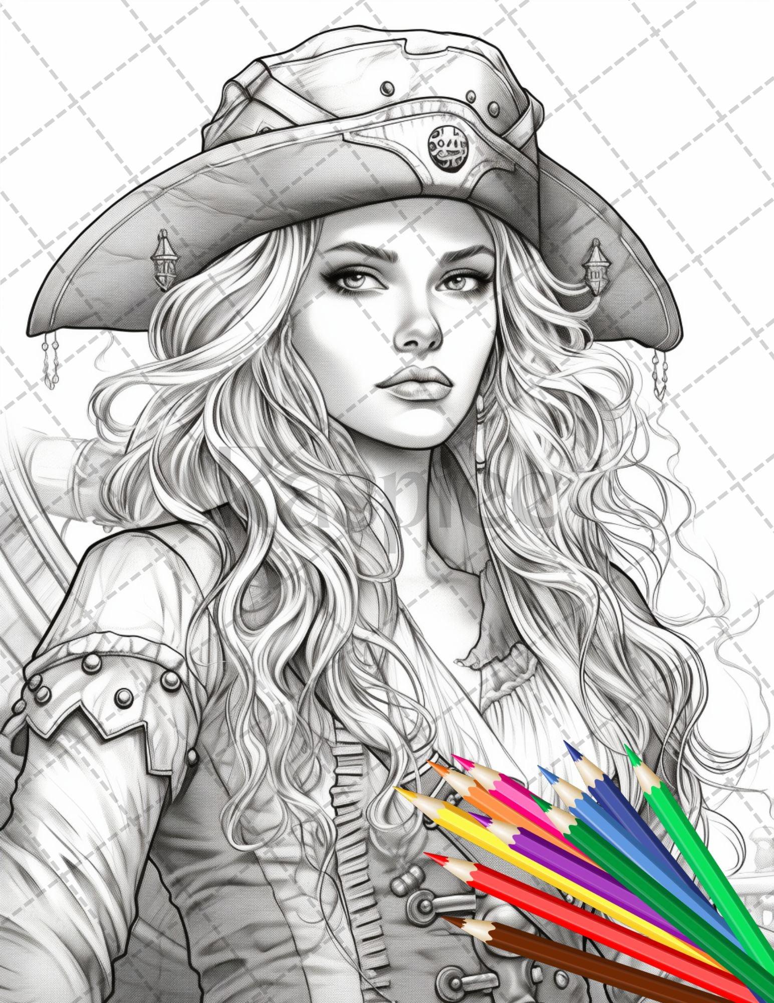 48 Beautiful Pirate Princess Coloring Book Printable for Adults, Grayscale Coloring Page, PDF File Instant Download