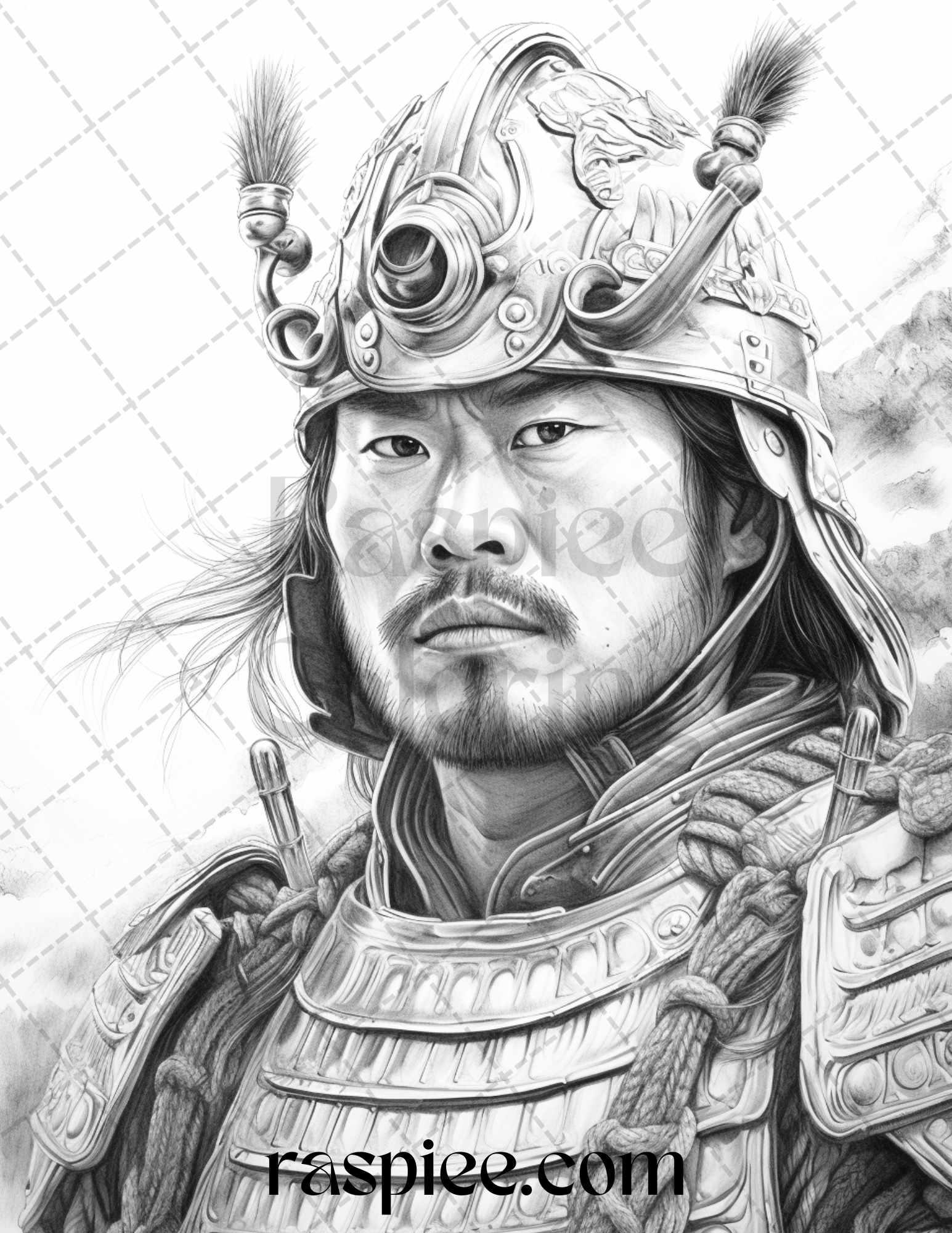 42 Japanese Samurai Grayscale Coloring Pages for Adults, Printable PDF File Instant Download