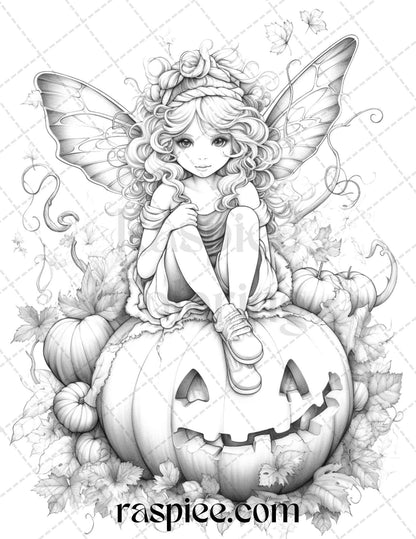 40 Pumpkin Fairy Girls Grayscale Coloring Pages Printable for Adults, PDF File Instant Download