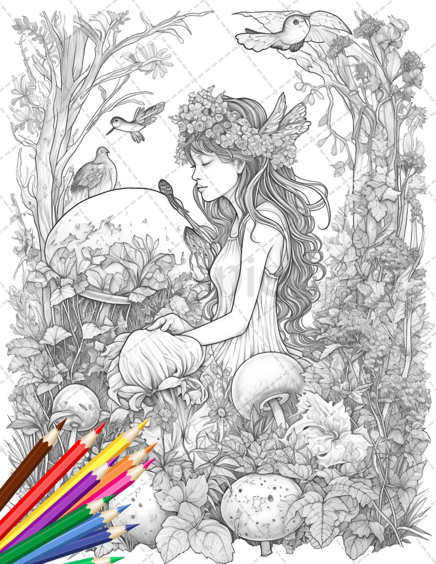 30 Beautiful Fairies Coloring Page Book for Adults, Flower Fairy Grayscale Coloring Book, Fairy Coloring Sheets, Printable PDF File Download