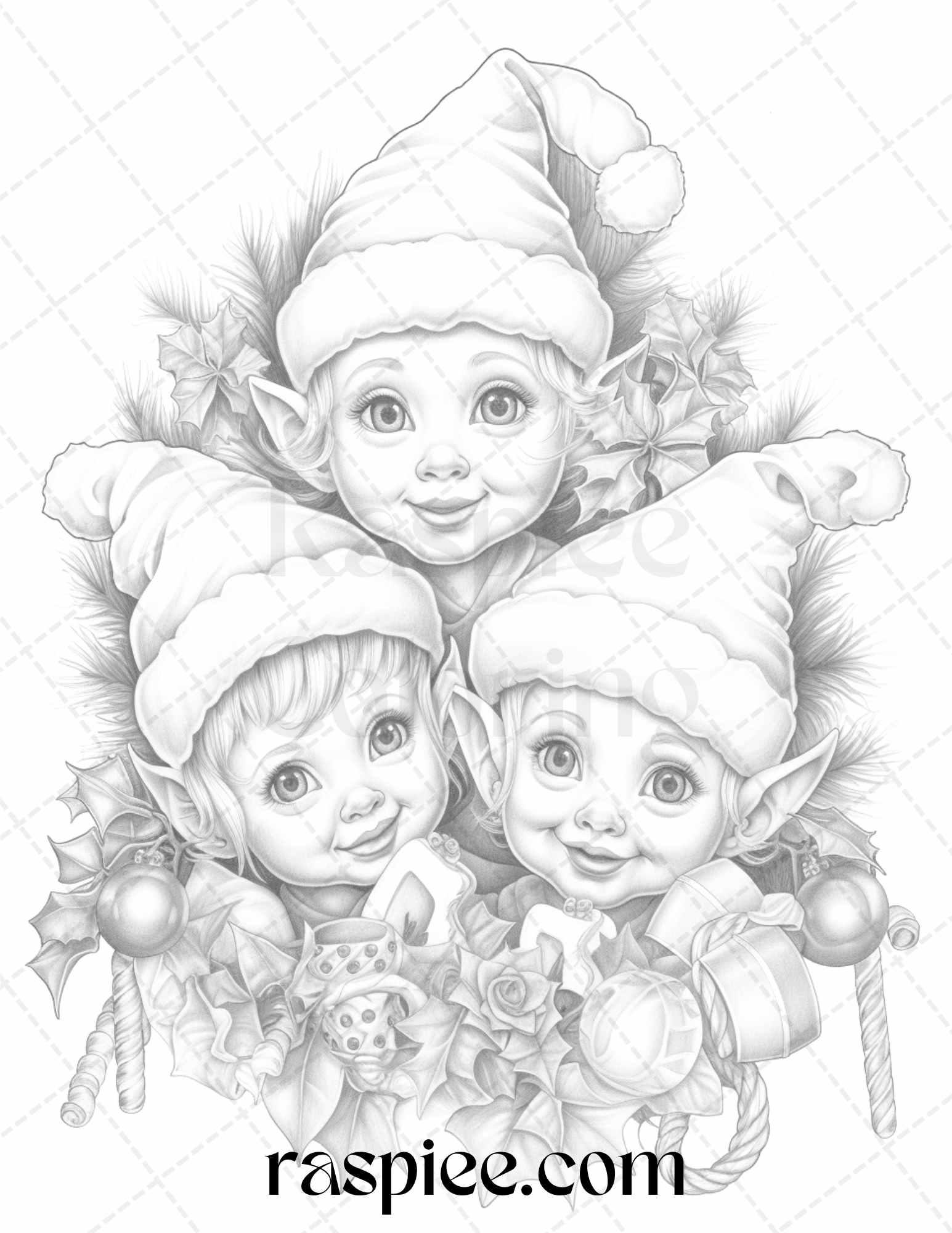 110 Christmas Elves Grayscale Coloring Pages Printable for Adults Kids, PDF File Instant Download