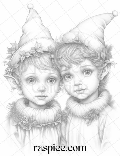 110 Christmas Elves Grayscale Coloring Pages Printable for Adults Kids, PDF File Instant Download