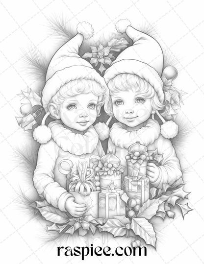 110 Christmas Elves Grayscale Coloring Pages Printable for Adults Kids, PDF File Instant Download