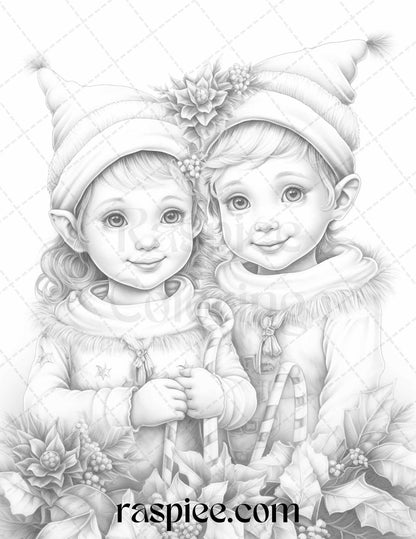 110 Christmas Elves Grayscale Coloring Pages Printable for Adults Kids, PDF File Instant Download