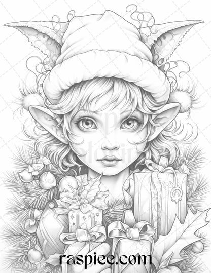 110 Christmas Elves Grayscale Coloring Pages Printable for Adults Kids, PDF File Instant Download