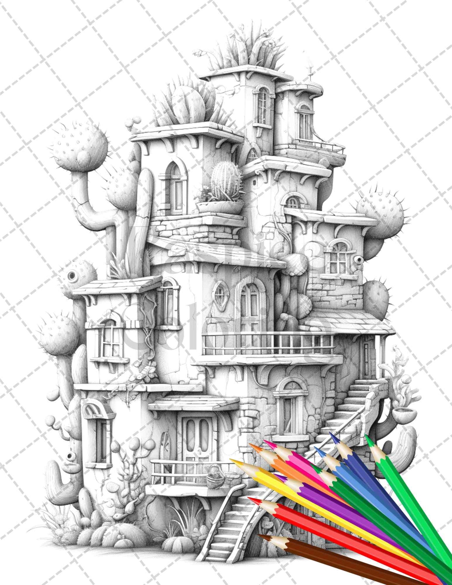 46 Fantasy Cactus Houses Grayscale Coloring Pages Printable for Adults, PDF File Instant Download