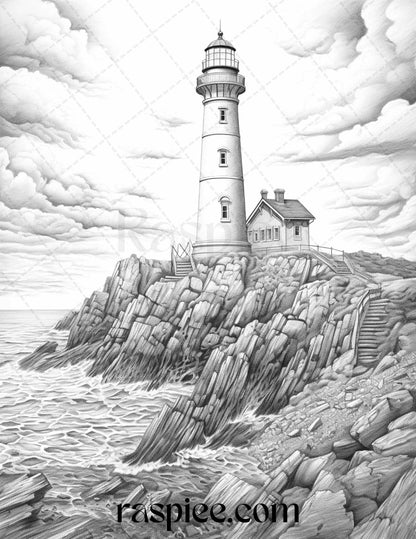 40 Majestic Lighthouses Grayscale Coloring Pages Printable for Adults, PDF File Instant Download