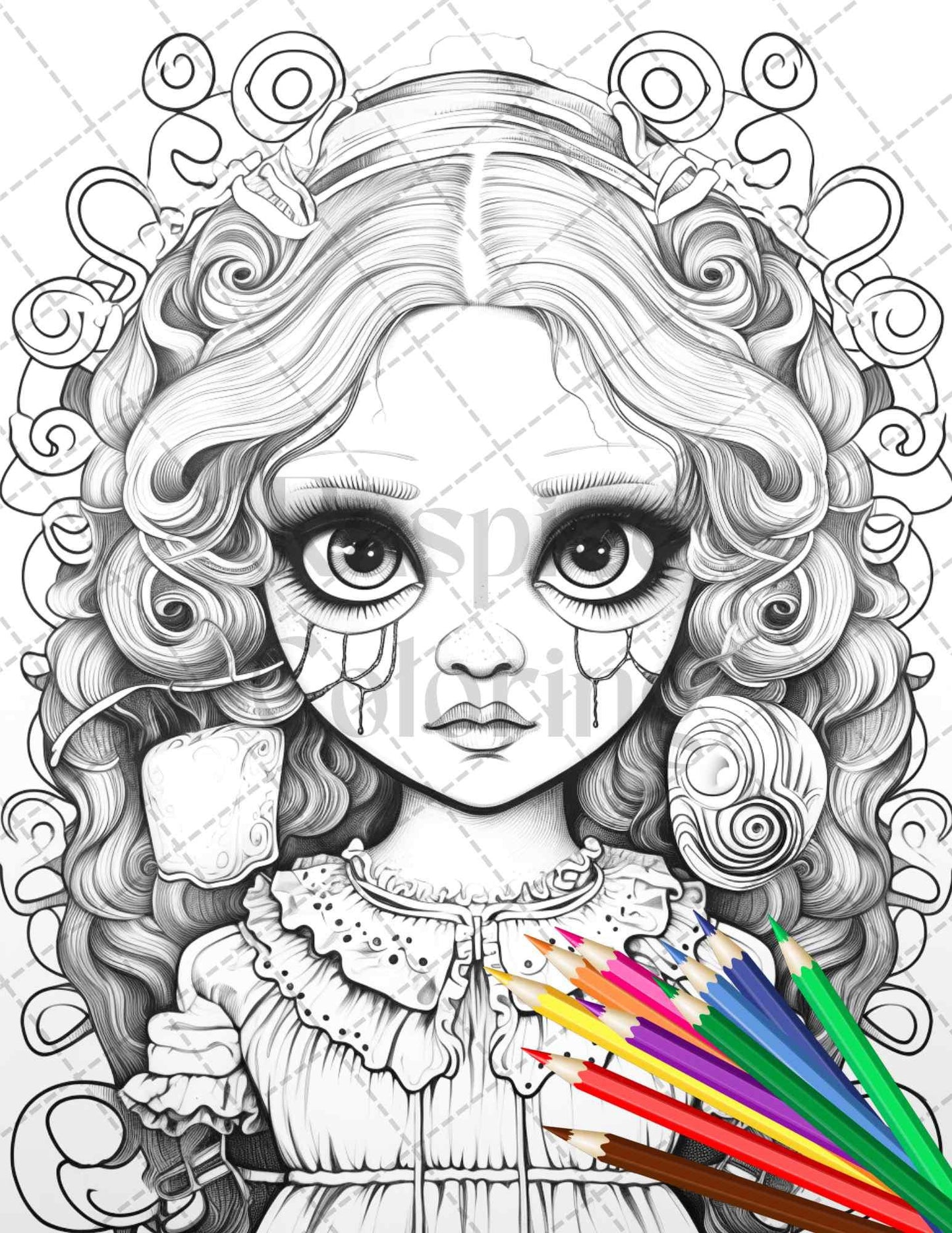 40 Creepy Porcelain Dolls Grayscale Coloring Pages for Adults, PDF File Instant Download