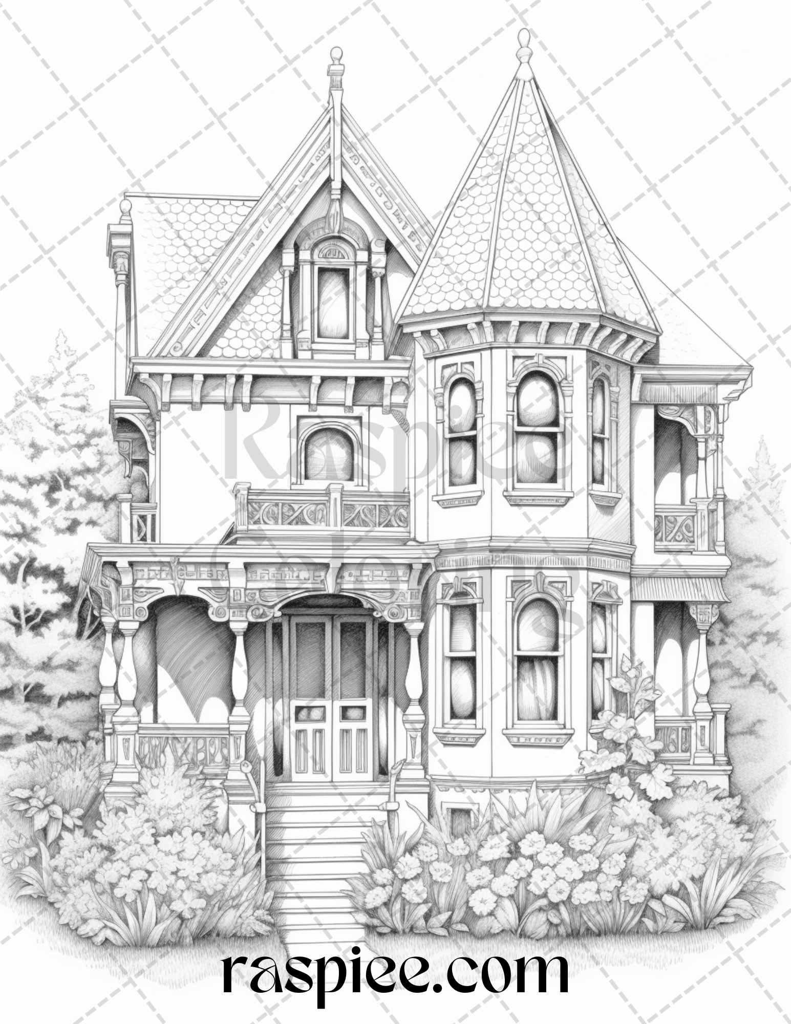 40 Victorian Houses Grayscale Coloring Pages Printable for Adults, PDF File Instant Download