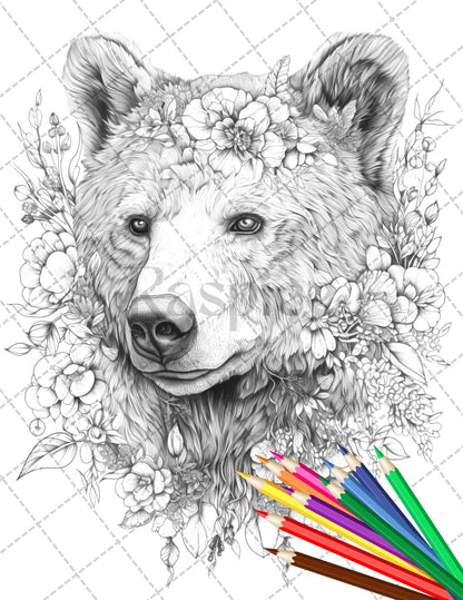 30 Animal Floral Printable Coloring Pages for Adults, Grayscale Coloring Book, Printable PDF File Download