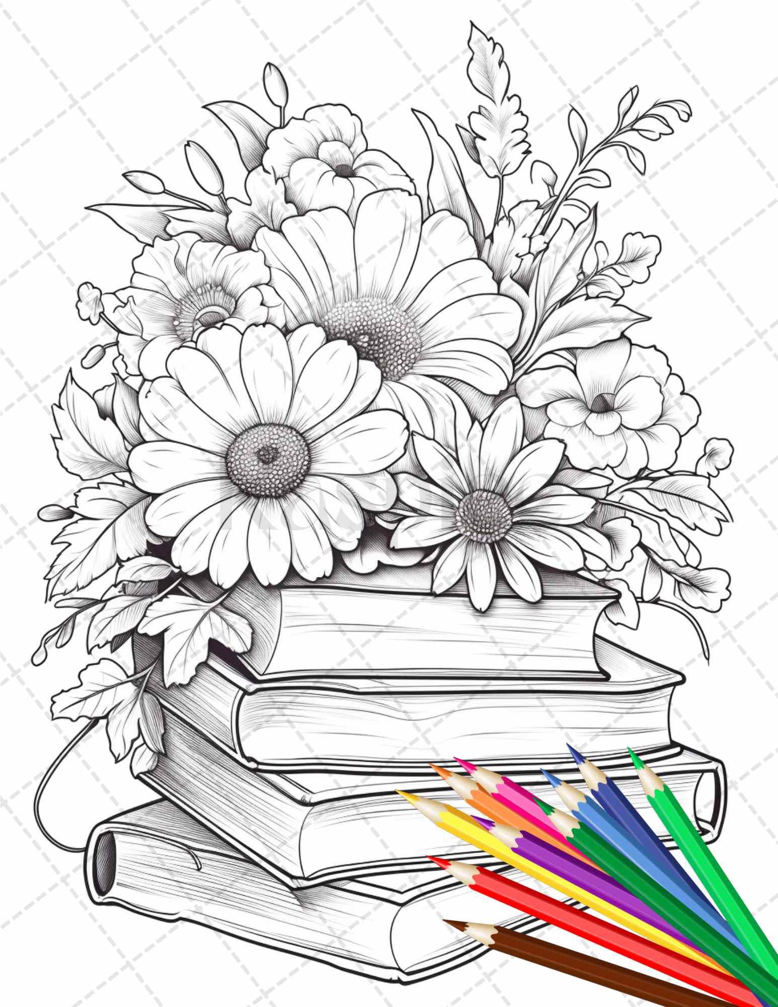 31 Book Flowers Coloring Pages Printable for Adults, Grayscale Coloring Page, PDF File Instant Download